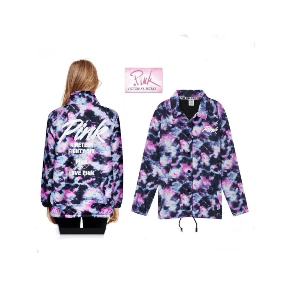 NWT Sz S & M Victoria's Secret Pink Snap Front Coach Jacket Anorak Tie Dye New